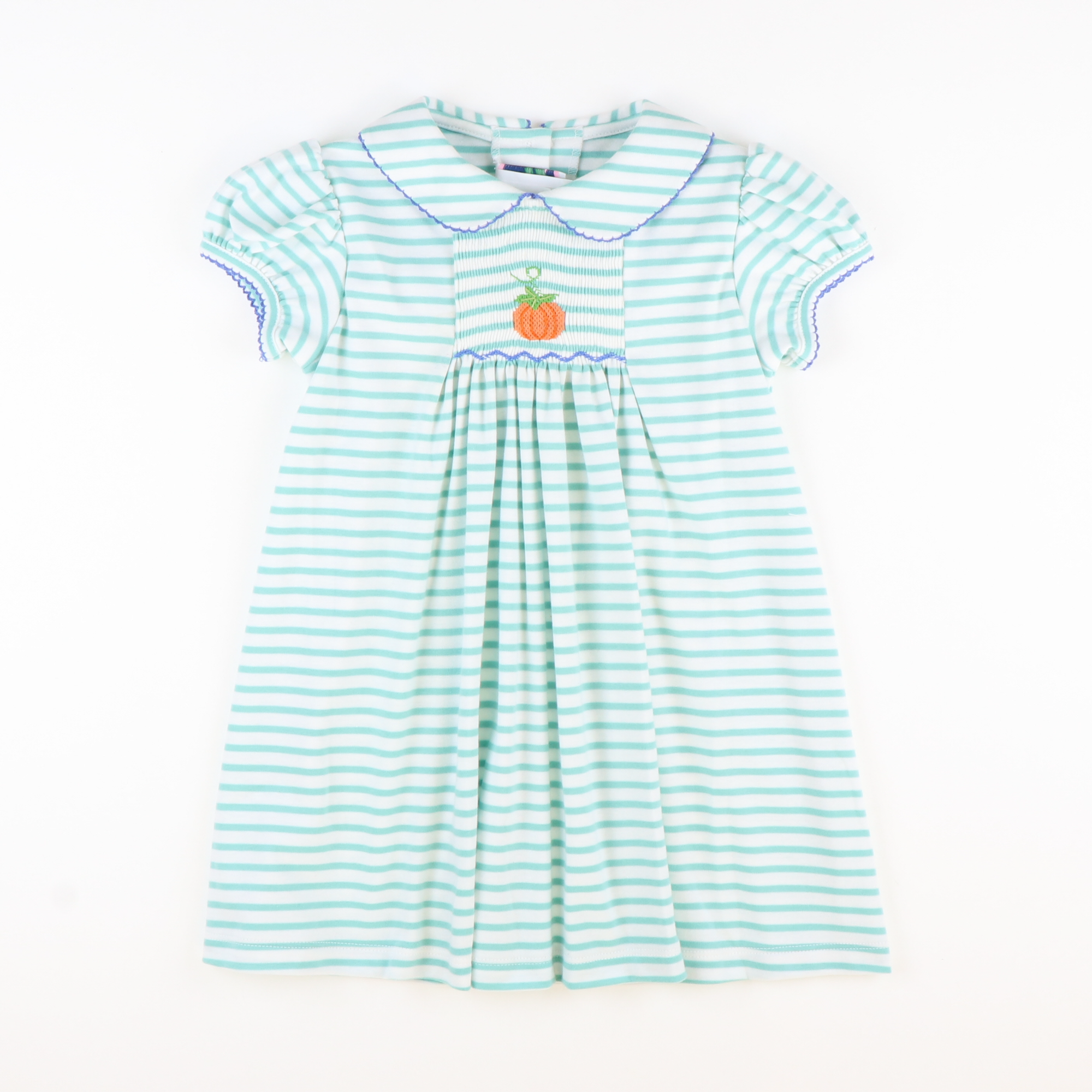 Smocked Pumpkin Collared Dress - Aqua Stripe Knit