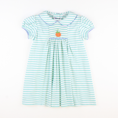 Smocked Pumpkin Collared Dress - Aqua Stripe Knit