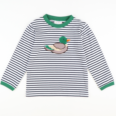 Appliquéd Mallard Long Sleeve Shirt - Navy Stripe Knit