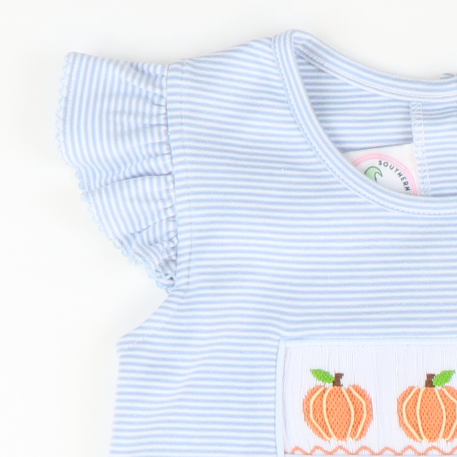 Smocked Classic Pumpkins Dress - Light Blue Micro Stripe Knit