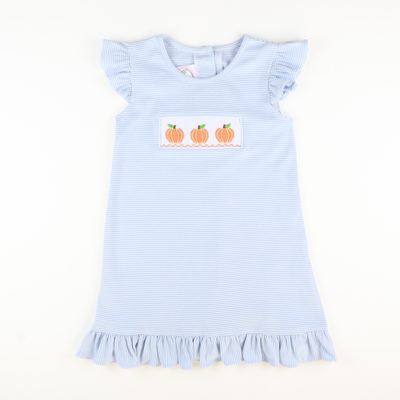 Smocked Classic Pumpkins Dress - Light Blue Micro Stripe Knit