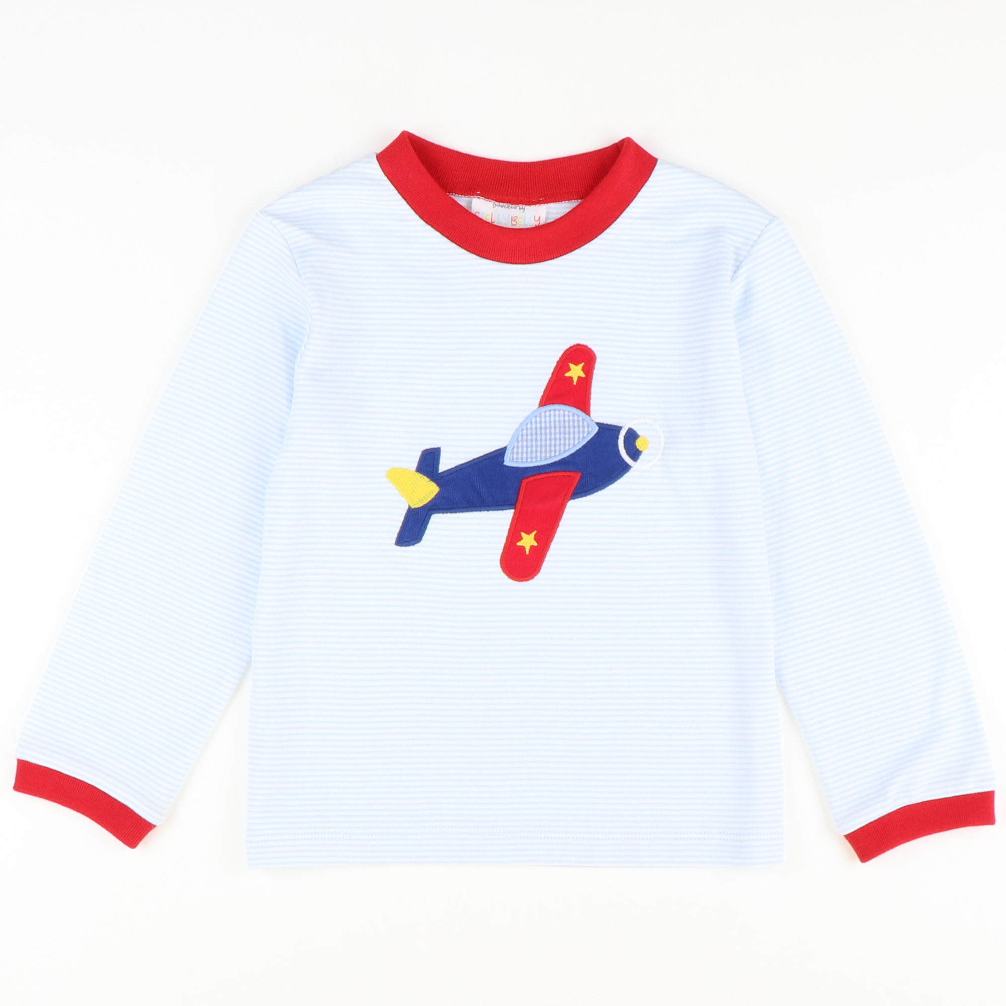 Appliquéd Airplane Long Sleeve Shirt - Light Blue Stripe Knit