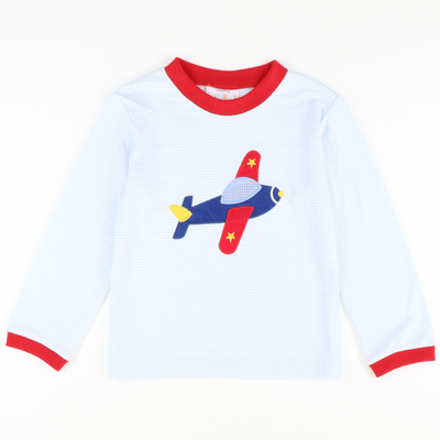 Appliquéd Airplane Long Sleeve Shirt - Light Blue Stripe Knit