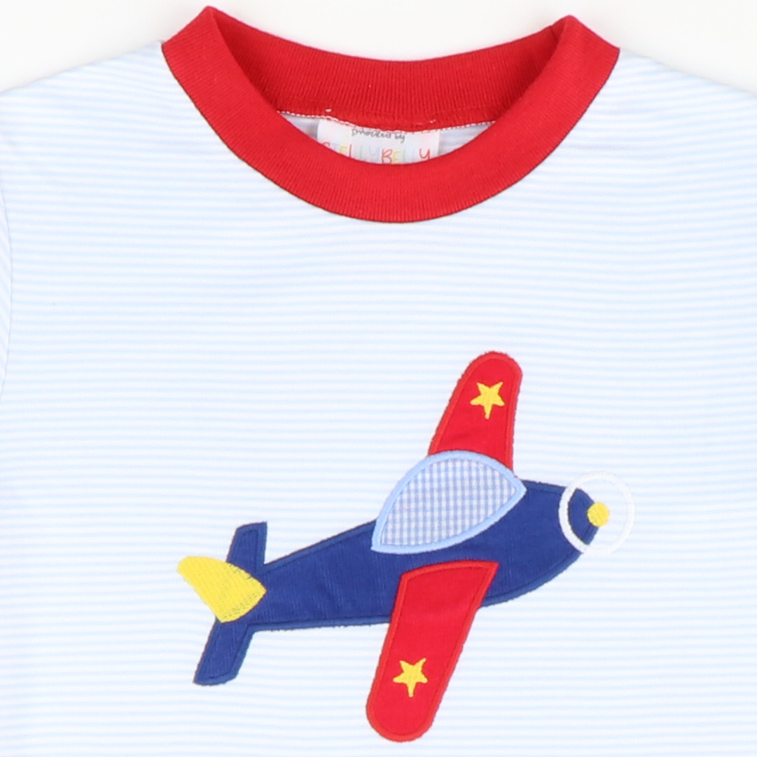 Appliquéd Airplane Boy Long Bubble - Light Blue Stripe Knit
