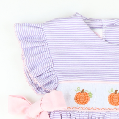 Smocked Pumpkins & Vines Dress - Lavender Stripe Knit