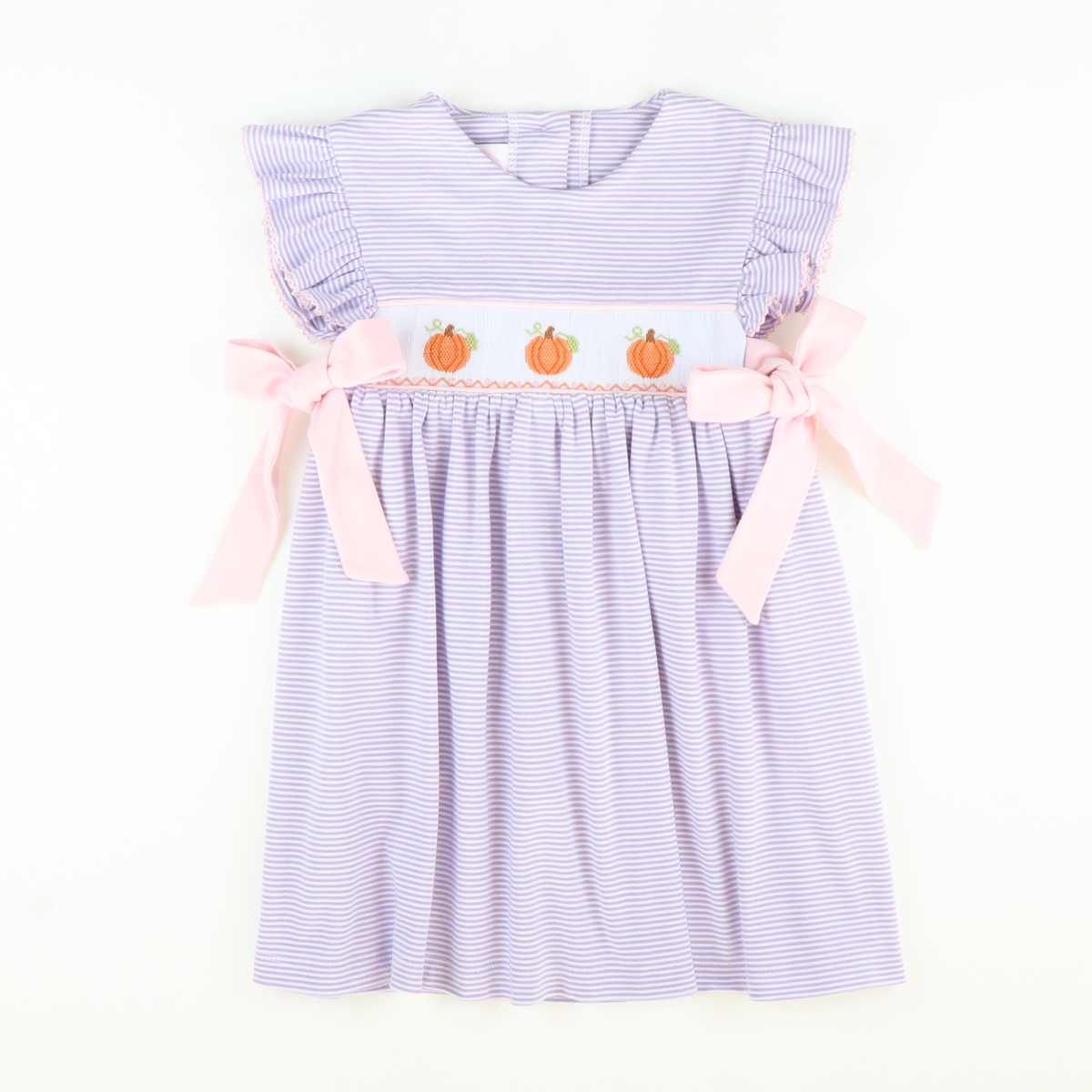 Smocked Pumpkins & Vines Dress - Lavender Stripe Knit