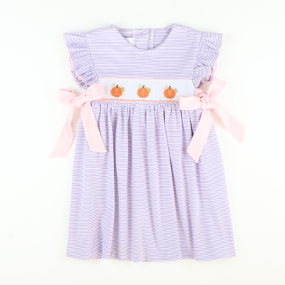 Smocked Pumpkins & Vines Dress - Lavender Stripe Knit