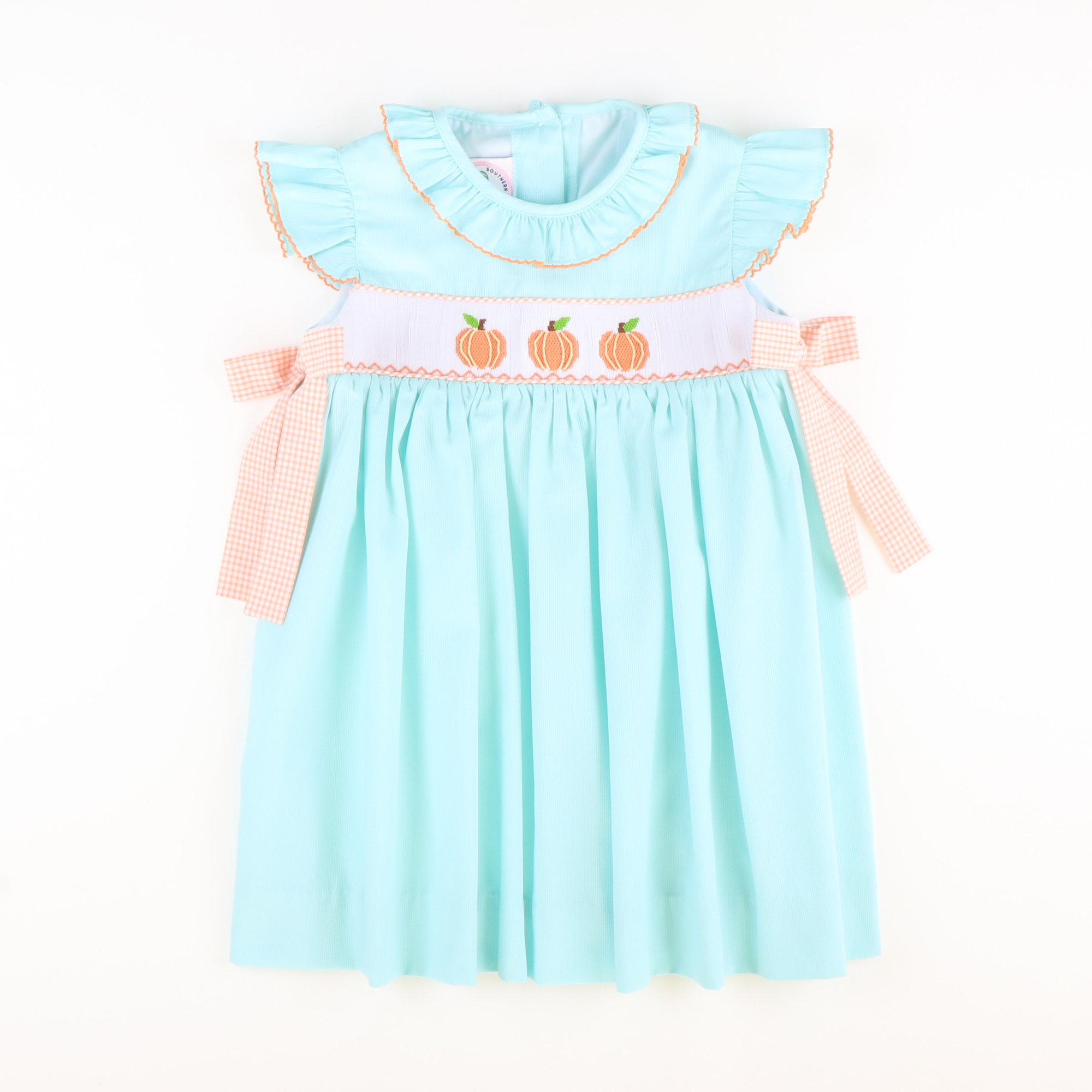 Smocked Classic Pumpkins Ruffle Neck Dress - Mint Pique