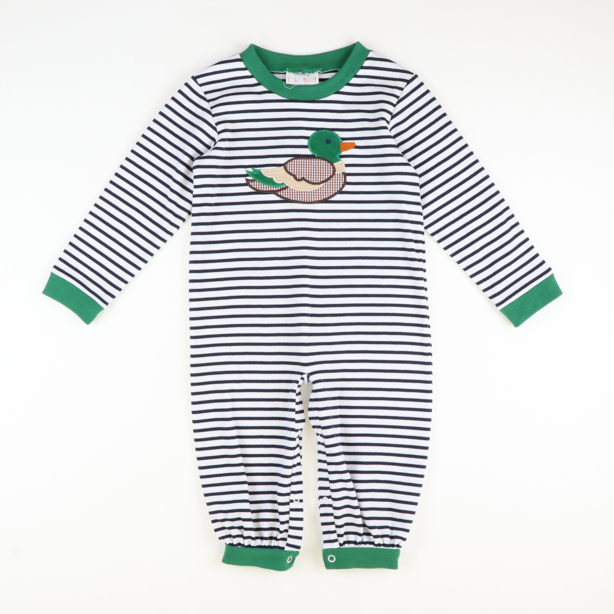 Appliquéd Mallard Boy Long Bubble - Navy Stripe Knit