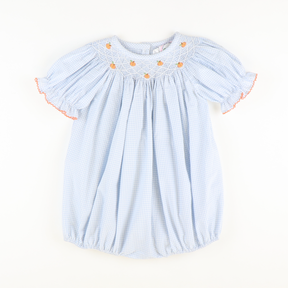 Smocked Tiny Pumpkins Girl Bubble - Light Blue Mini Check Seersucker