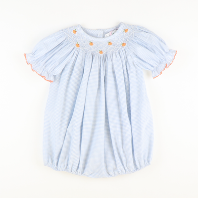 Smocked Tiny Pumpkins Girl Bubble - Light Blue Mini Check Seersucker