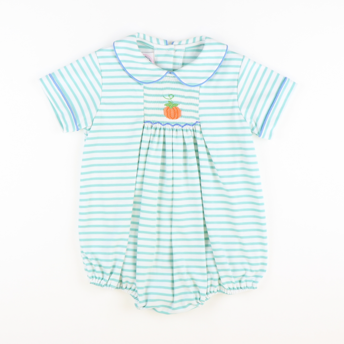 Smocked Pumpkin Collared Boy Bubble - Aqua Stripe Knit