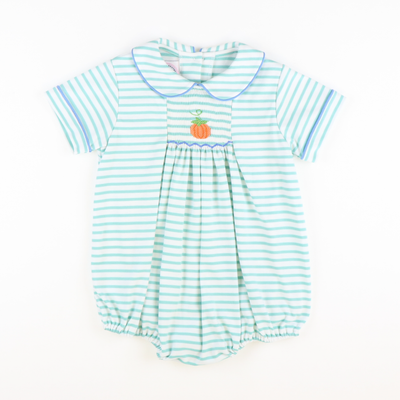 Smocked Pumpkin Collared Boy Bubble - Aqua Stripe Knit