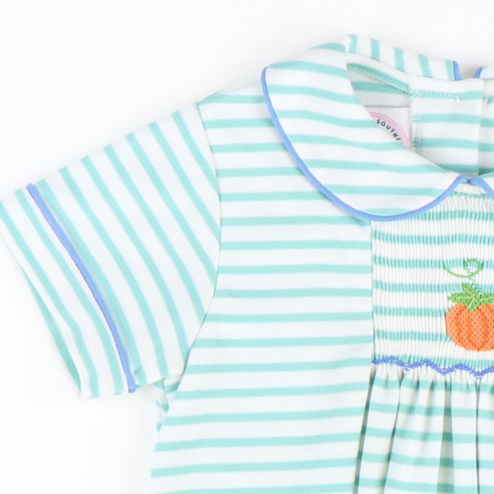 Smocked Pumpkin Collared Boy Bubble - Aqua Stripe Knit