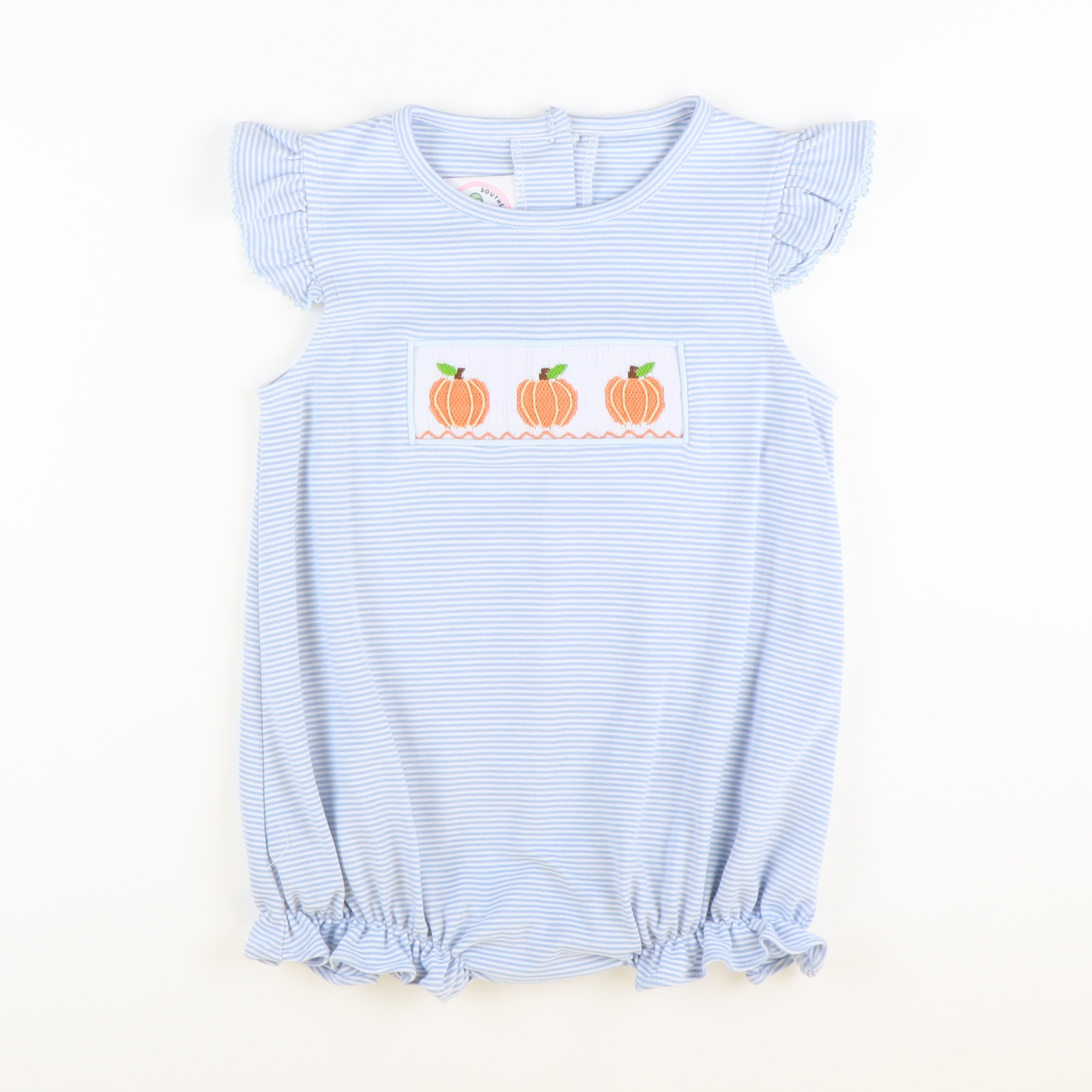 Smocked Classic Pumpkins Girl Bubble - Light Blue Micro Stripe Knit