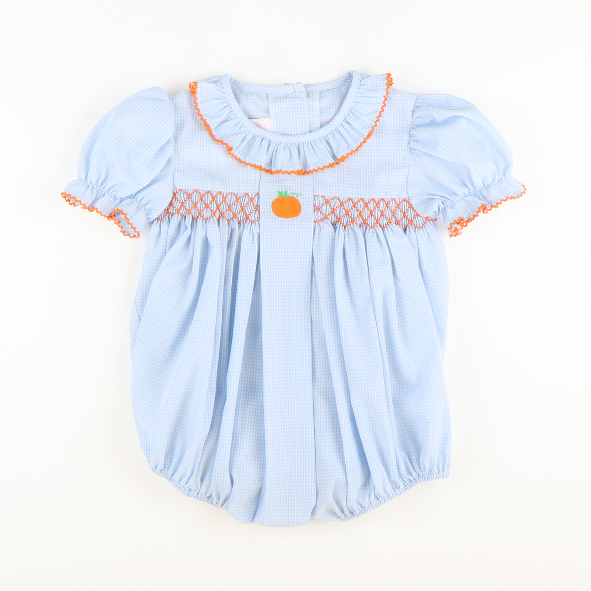 Embroidered Pumpkin Geo Girl Bubble - Light Blue Mini Gingham