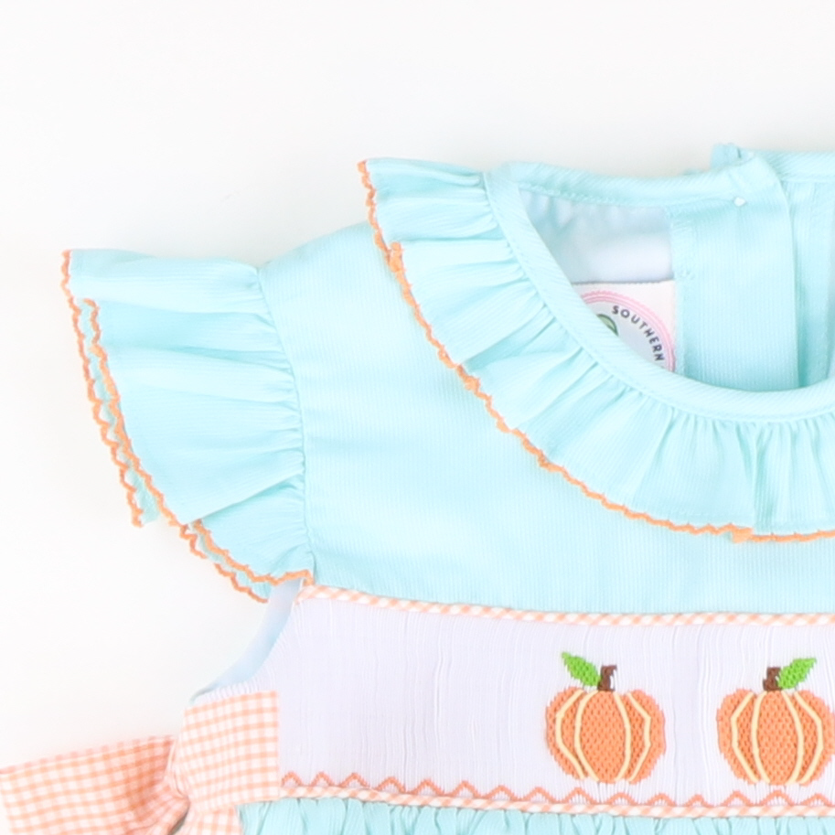 Smocked Classic Pumpkins Ruffle Neck Dress - Mint Pique