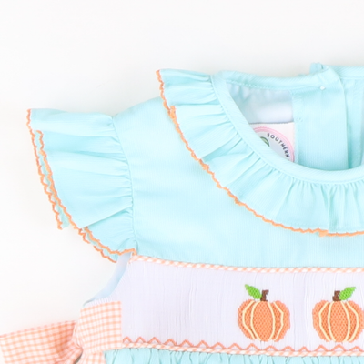 Smocked Classic Pumpkins Ruffle Neck Dress - Mint Pique