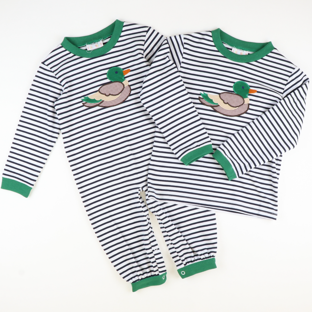 Appliquéd Mallard Long Sleeve Shirt - Navy Stripe Knit