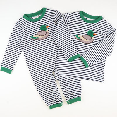 Appliquéd Mallard Long Sleeve Shirt - Navy Stripe Knit