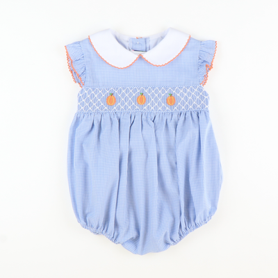Smocked Geo Pumpkins Collared Girl Bubble - Blue Mini Gingham