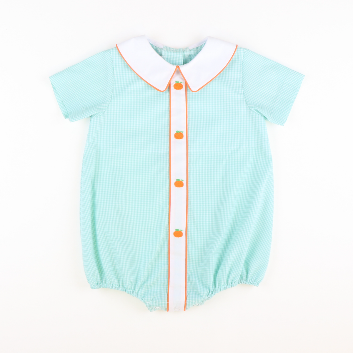 Embroidered Pumpkins Collared Boy Bubble - Mint Mini Gingham