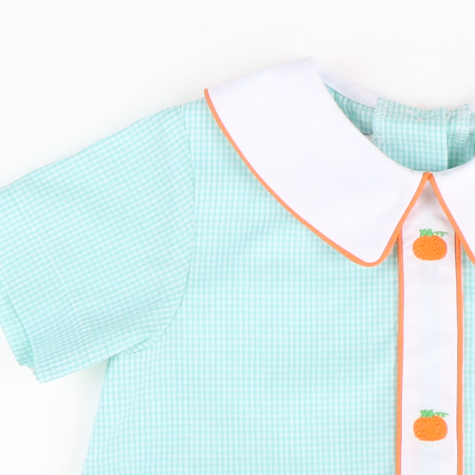 Embroidered Pumpkins Collared Boy Bubble - Mint Mini Gingham