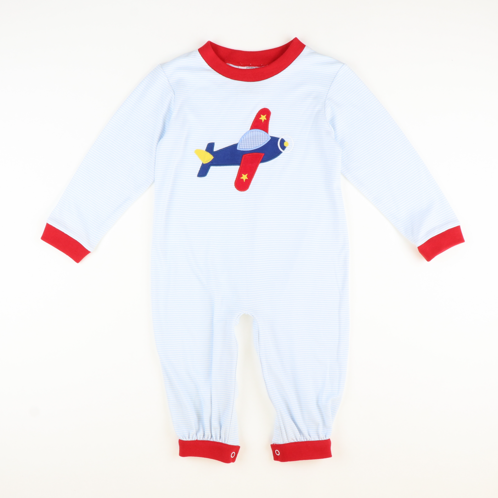 Appliquéd Airplane Boy Long Bubble - Light Blue Stripe Knit