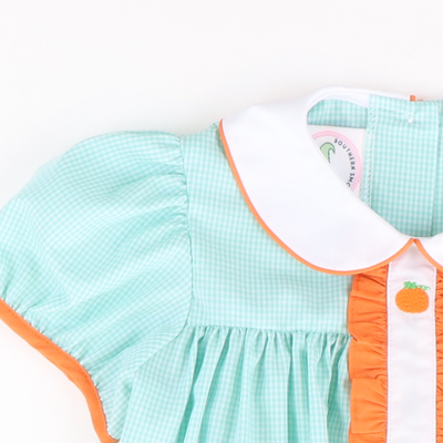 Embroidered Pumpkins Collared Dress - Mint Mini Gingham