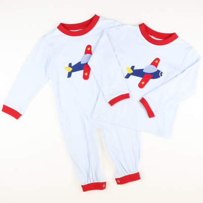Appliquéd Airplane Long Sleeve Shirt - Light Blue Stripe Knit