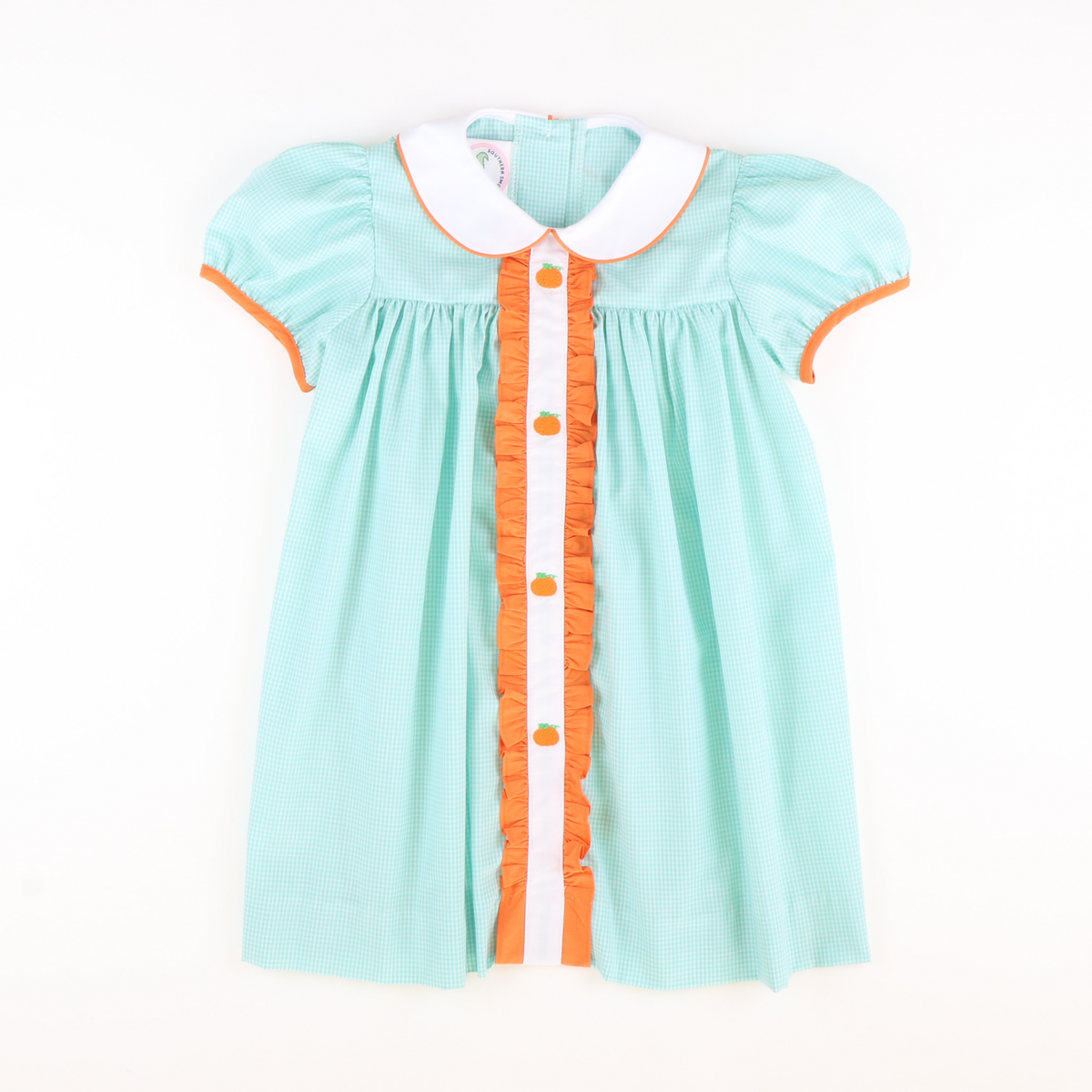 Embroidered Pumpkins Collared Dress - Mint Mini Gingham