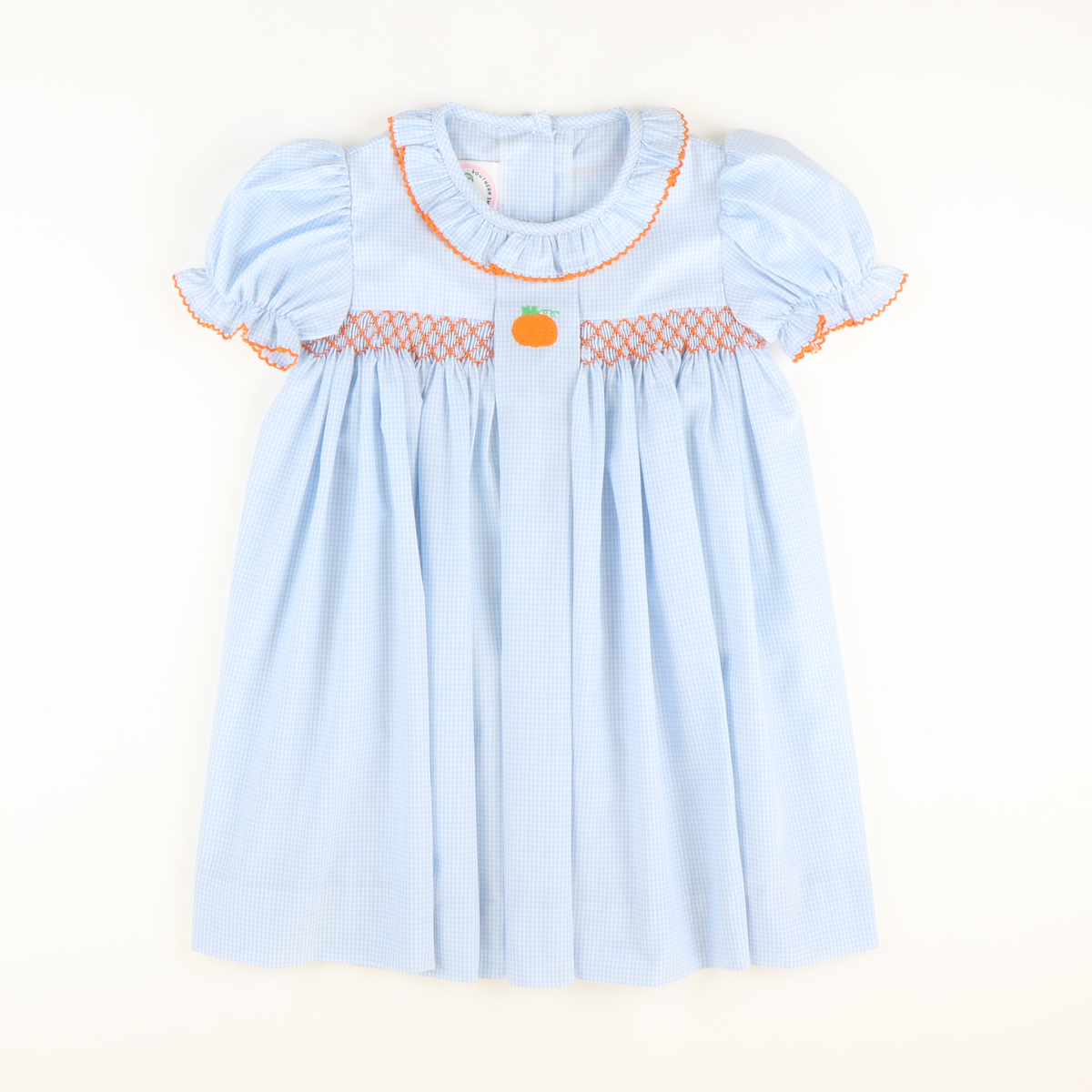 Embroidered Pumpkin Geo Dress - Light Blue Mini Gingham