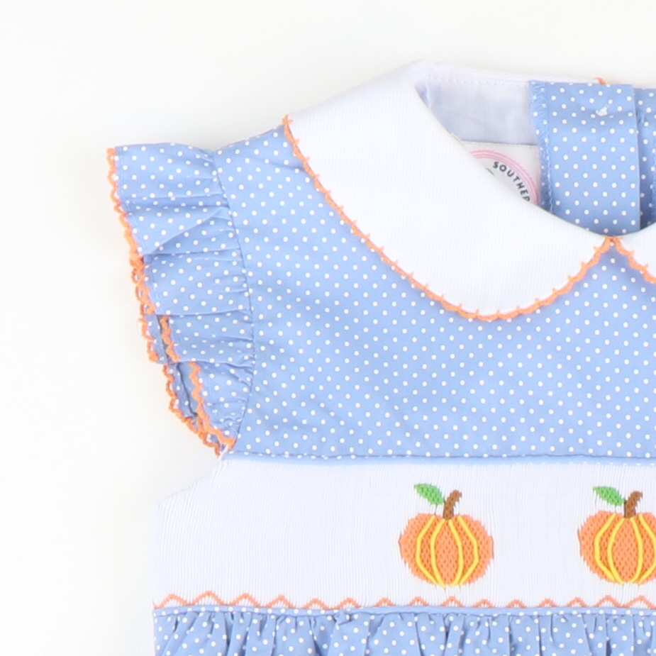 Smocked Pumpkins Collared Dress - Blue Tiny Dot