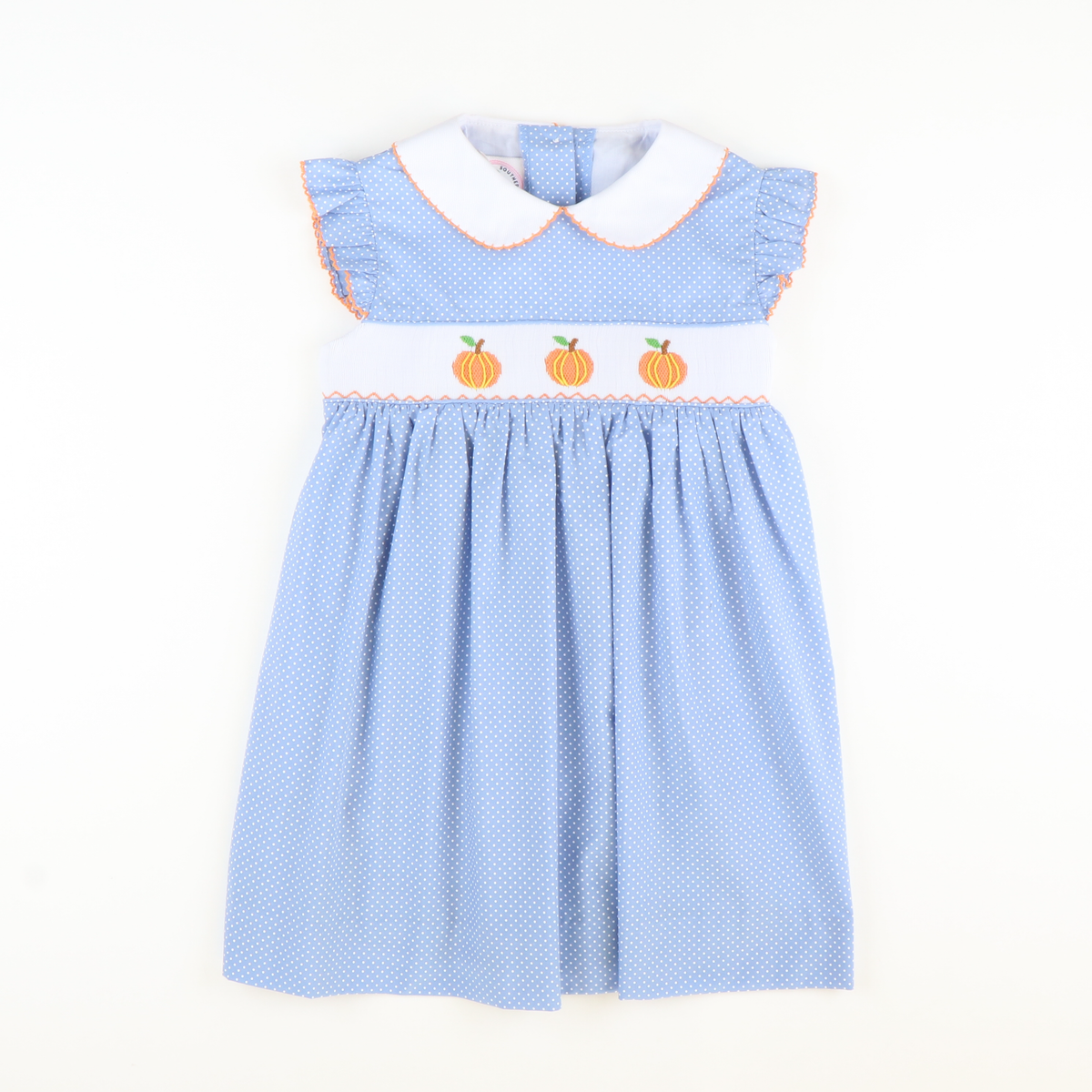 Smocked Pumpkins Collared Dress - Blue Tiny Dot