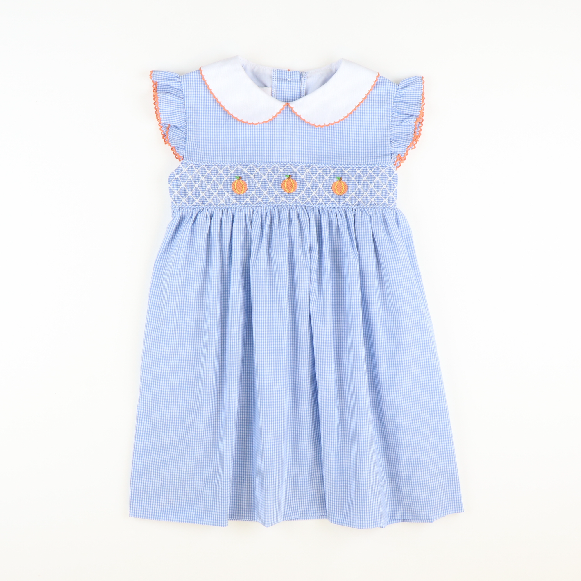 Smocked Geo Pumpkins Collared Dress - Blue Mini Gingham