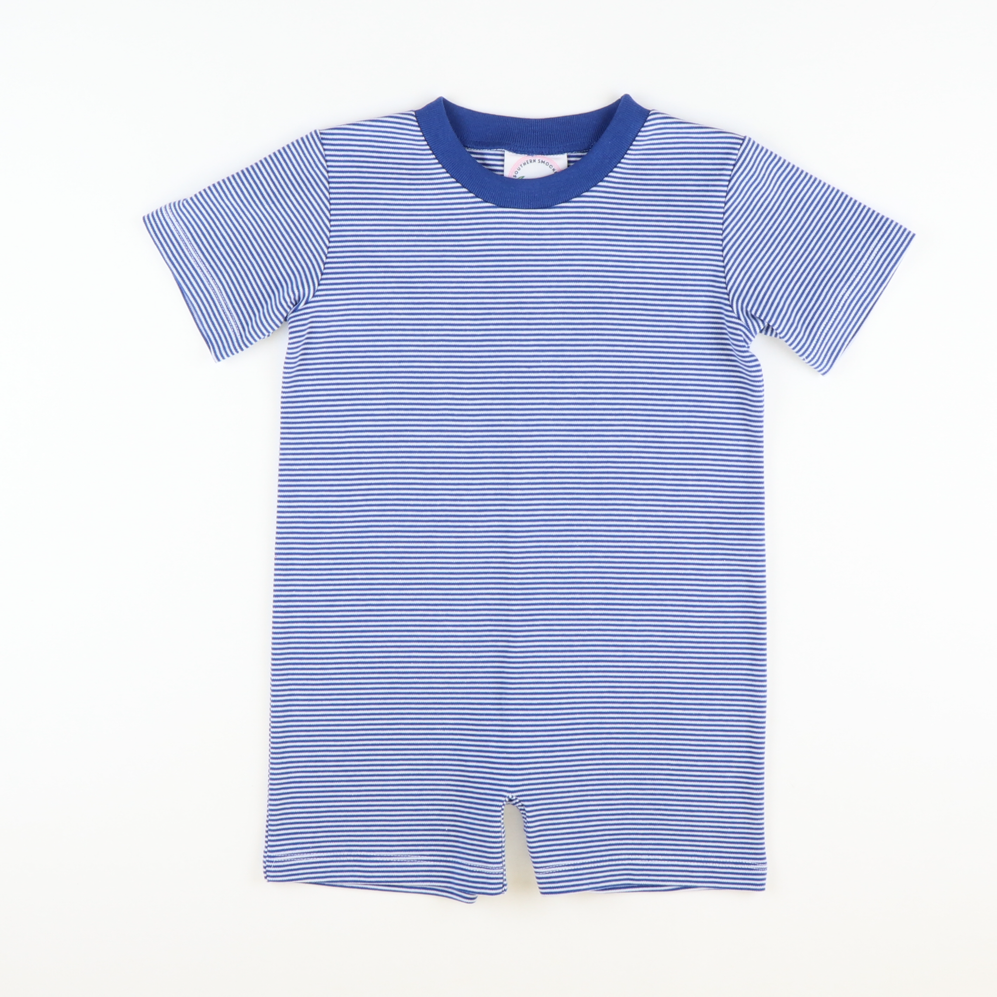 Out & About Boy Romper - Royal Blue Micro Stripe Knit - Stellybelly