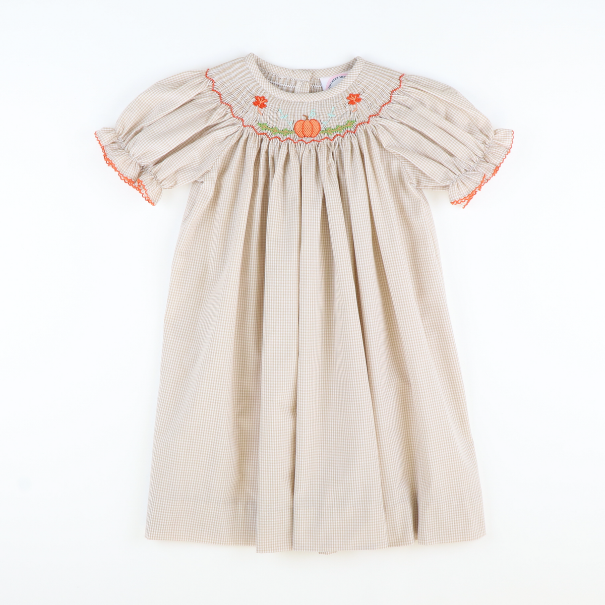 Smocked Harvest Pumpkin & Leaves Bishop - Khaki Mini Gingham