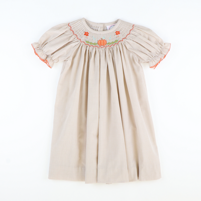 Smocked Harvest Pumpkin & Leaves Bishop - Khaki Mini Gingham