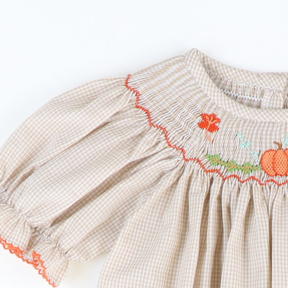 Smocked Harvest Pumpkin & Leaves Bishop - Khaki Mini Gingham