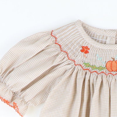 Smocked Harvest Pumpkin & Leaves Bishop - Khaki Mini Gingham