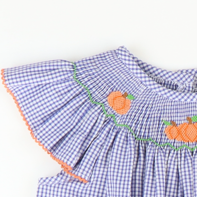 Smocked Autumn Pumpkins Bishop - Royal Blue Sandra Gingham Plaid