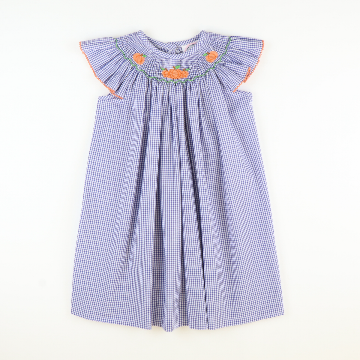 Smocked Autumn Pumpkins Bishop - Royal Blue Sandra Gingham Plaid