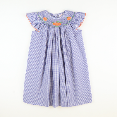 Smocked Autumn Pumpkins Bishop - Royal Blue Sandra Gingham Plaid