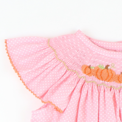 Smocked Pumpkin Patch Girl Bubble - Pink Tiny Dot