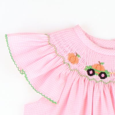 Smocked Pumpkin Tractor Girl Bubble - Pink Mini Check Seersucker