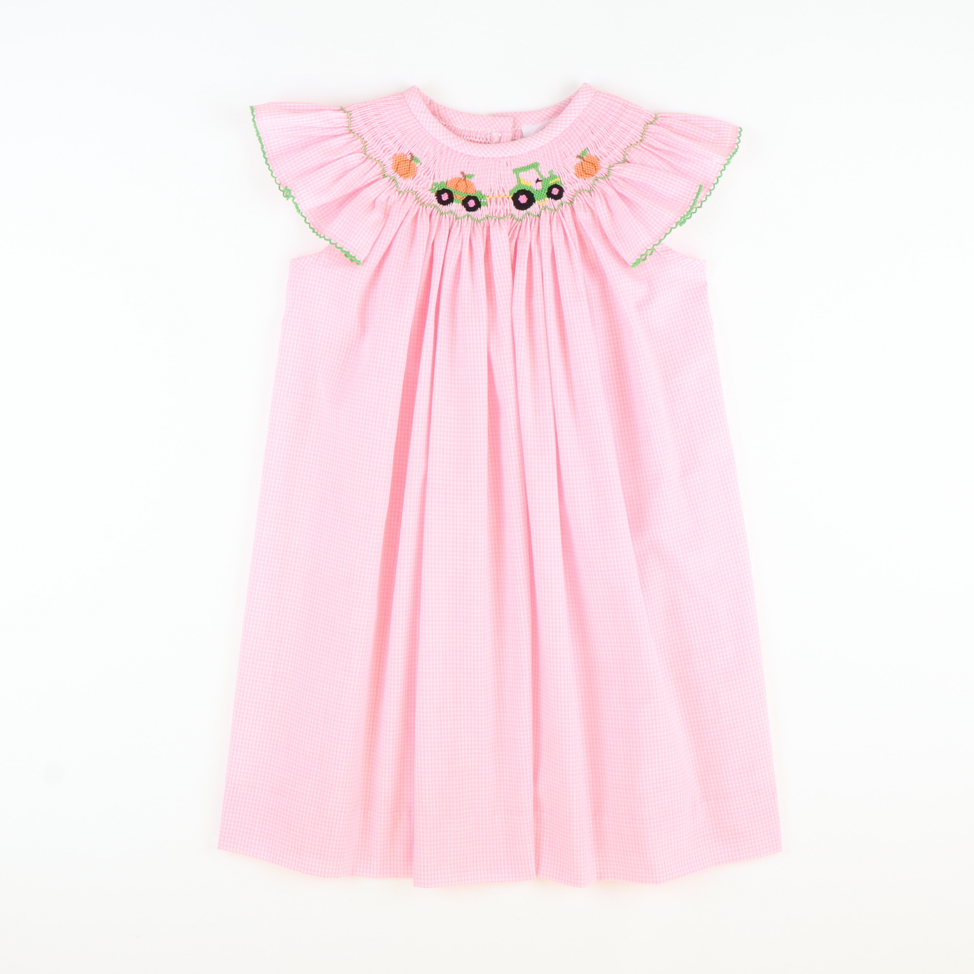 Smocked Pumpkin Tractor Bishop - Pink Mini Check Seersucker