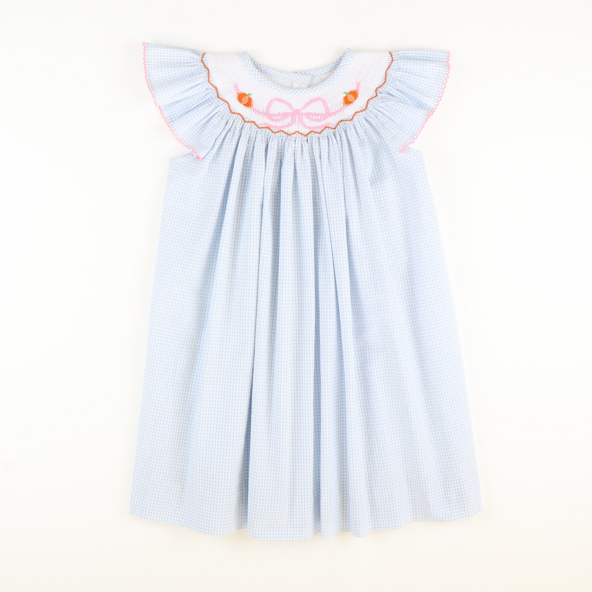 Smocked Pumpkins & Bow Bishop - Light Blue Mini Check Seersucker