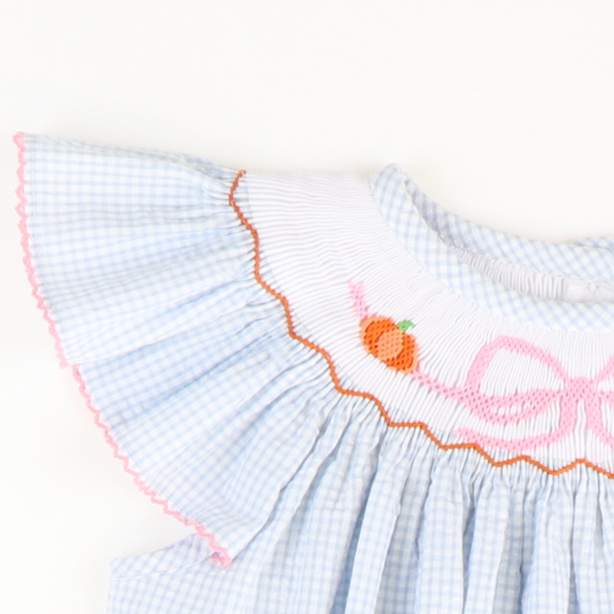 Smocked Pumpkins & Bow Girl Bubble - Light Blue Mini Check Seersucker