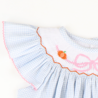 Smocked Pumpkins & Bow Girl Bubble - Light Blue Mini Check Seersucker