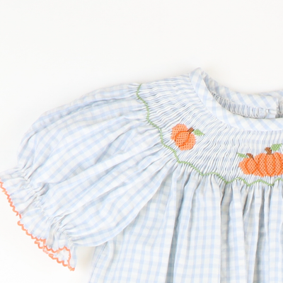 Smocked Autumn Pumpkins Bishop - Light Blue Check Seersucker